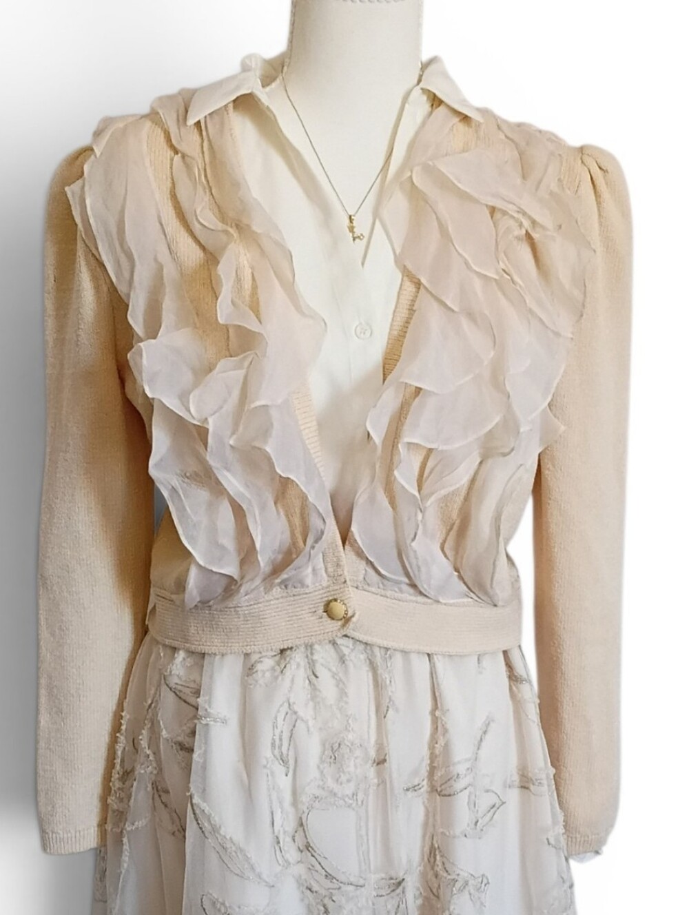 VTG St John Coquette Formal Knit Ruffle Cardigan Neutral READ Description!
